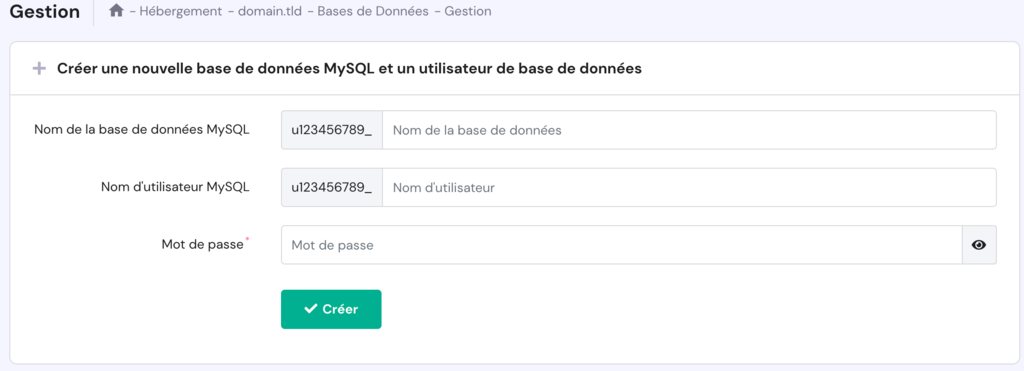 créer une nouvelle base de données et utilisateur MySQL dans hPanel