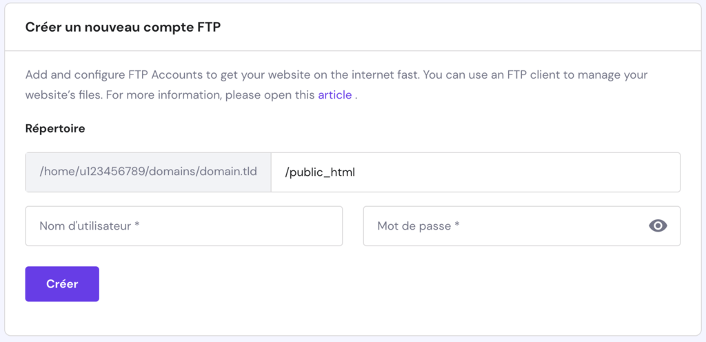 créer un nouveau compte FTP sur hPanel