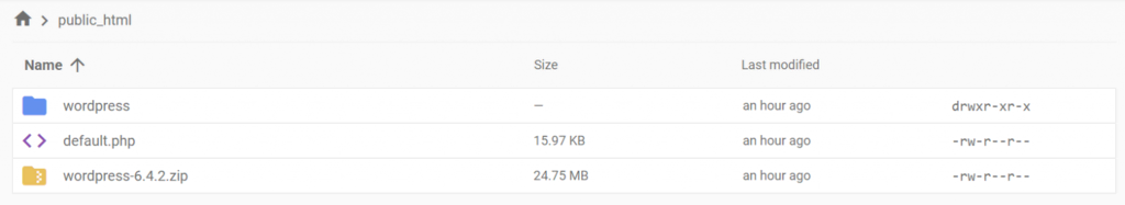 Le fichier WordPress extrait dans le répertoire racine, tel qu'il apparaît dans le gestionnaire de fichiers d'Hostinger.