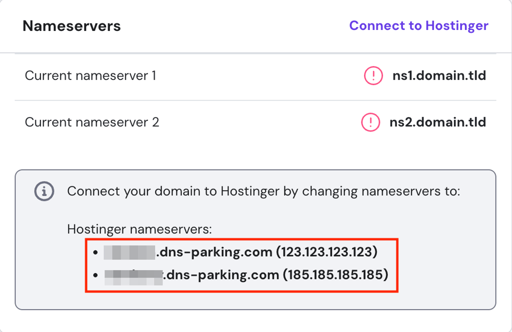 Panneau Serveurs de noms dans la section Détails du plan avec les serveurs de noms et les adresses IP correspondantes