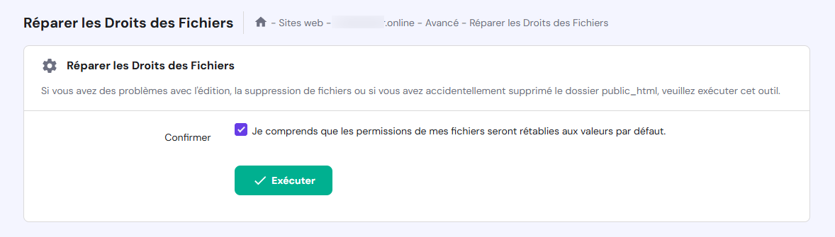 Réinitialisation des droits d'accès aux fichiers dans hPanel