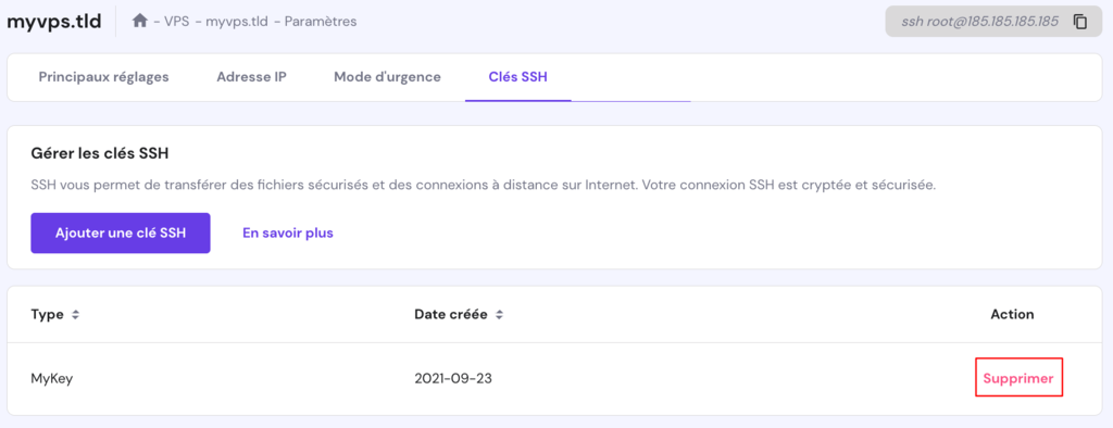Montrer o&ugrave; se trouve le bouton Supprimer dans la page des cl&eacute;s SSH dans les param&egrave;tres du VPS de hPanel