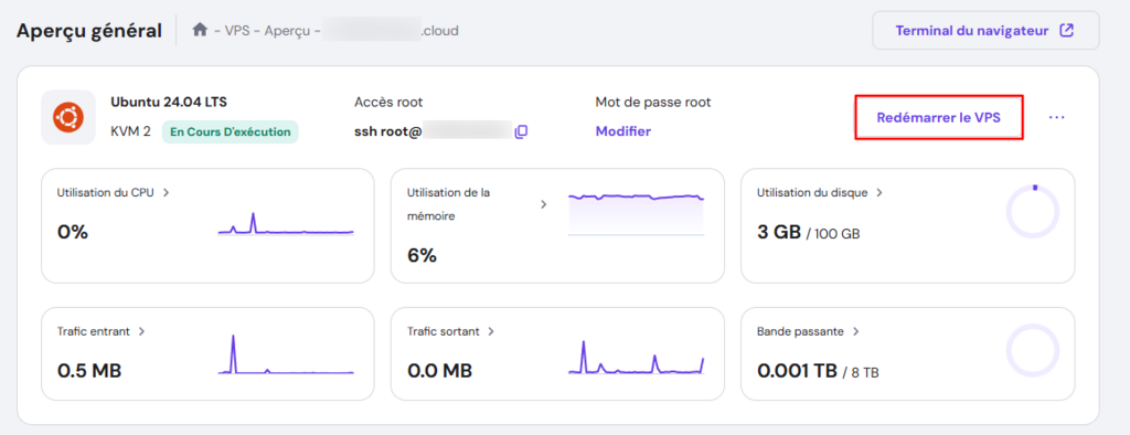 Page d'aperçu du VPS Hostinger avec le bouton « Redémarrer le VPS » mis en évidence.