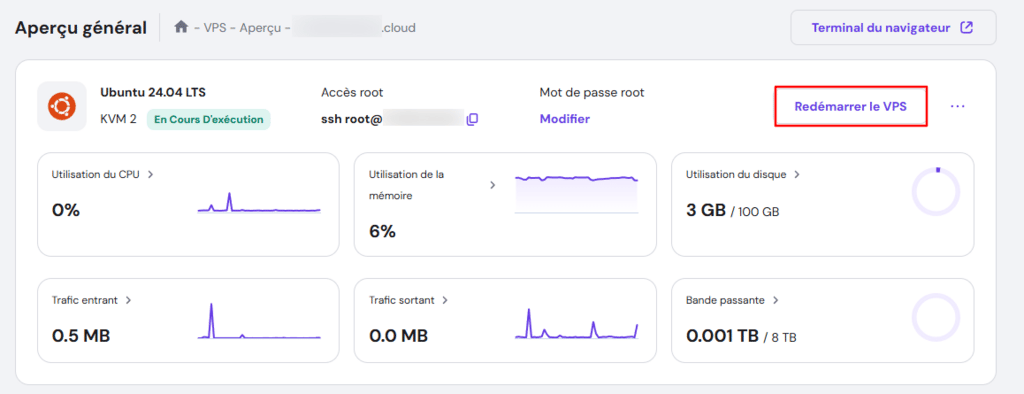 Page d'aper&ccedil;u du VPS Hostinger avec le bouton &laquo; Red&eacute;marrer le VPS &raquo; mis en &eacute;vidence.