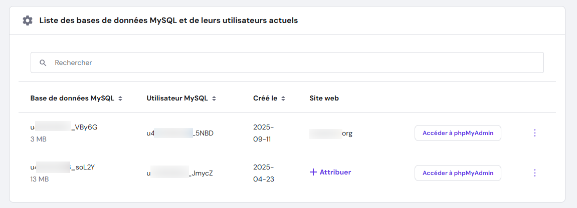 La page de gestion avec la liste des bases de données MySQL et des utilisateurs actuels sur hPanel