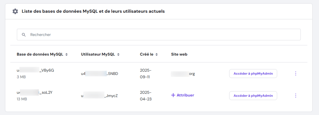 La page de gestion avec la liste des bases de donn&eacute;es MySQL et des utilisateurs actuels sur hPanel