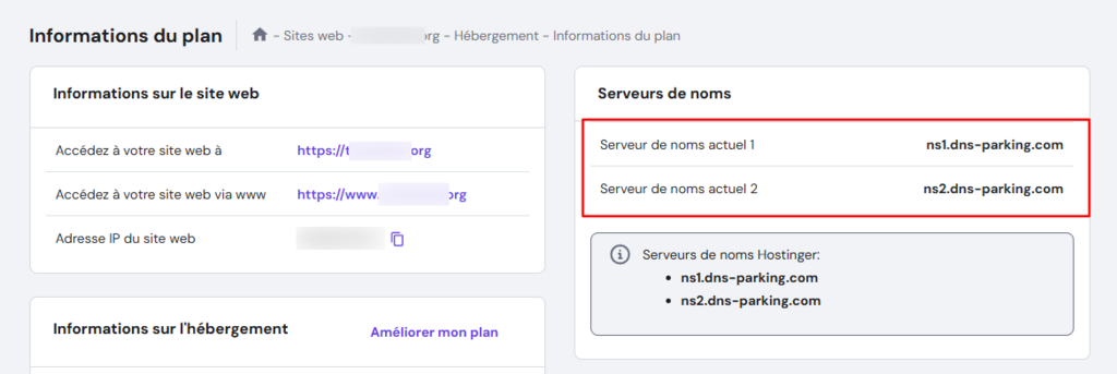Capture d'écran détaillant les informations du plan d'hébergement sur Hostinger
