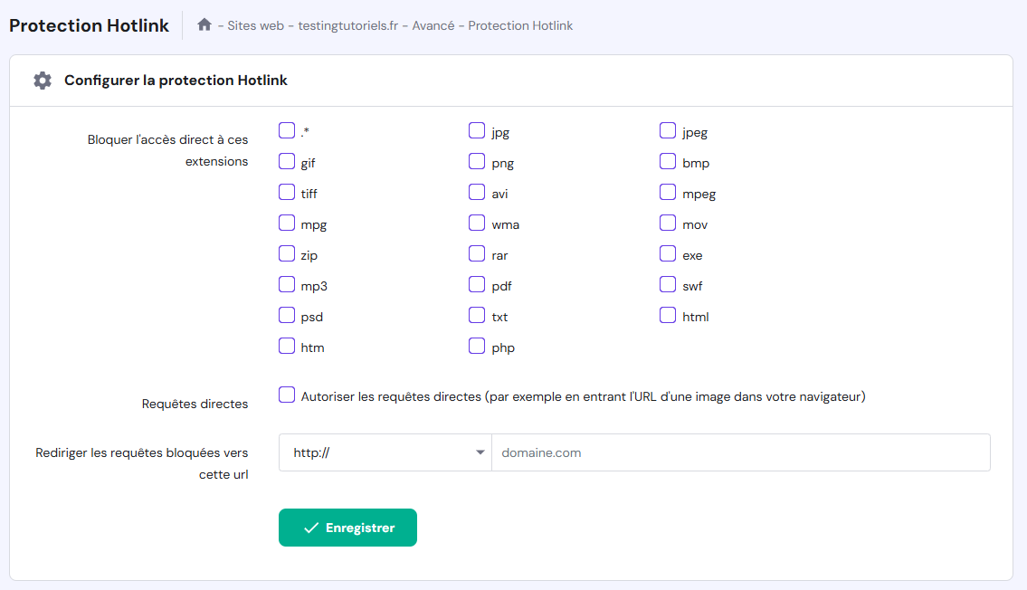 La page Protection Hotlink sur hPanel