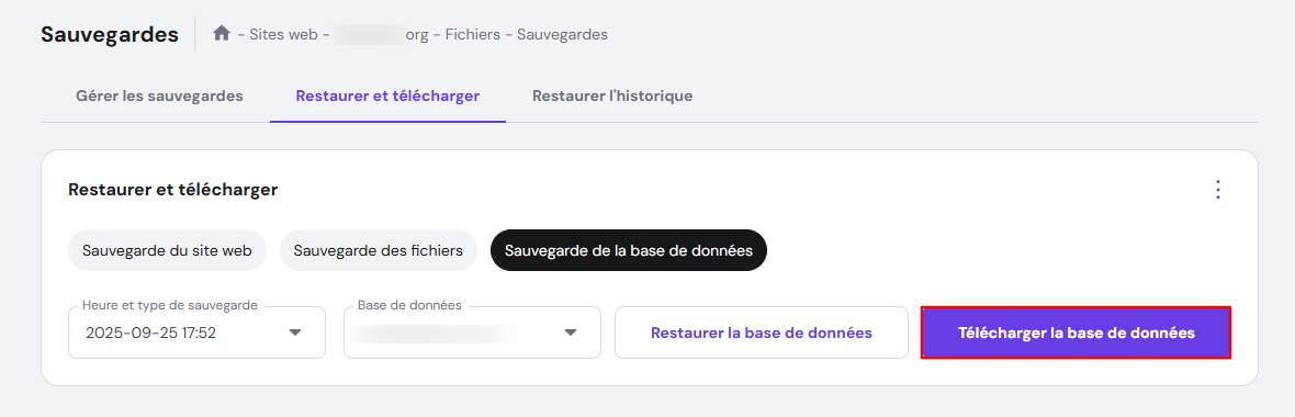 L'option télécharger la base de données sur hPanel