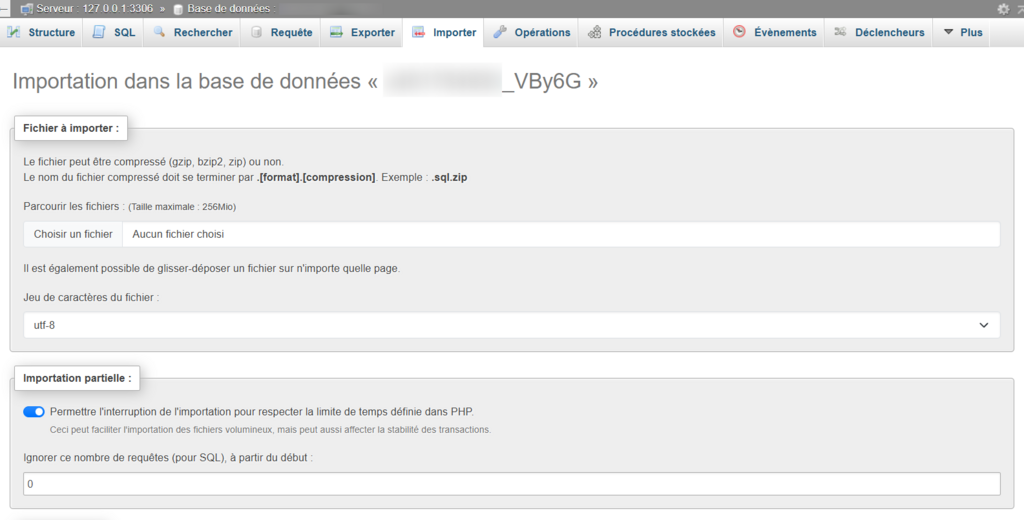 Capture d'écran de l'onglet Importation de phpMyAdmin 