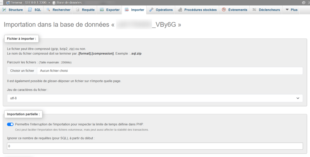Capture d'&eacute;cran de l'onglet Importation de phpMyAdmin 