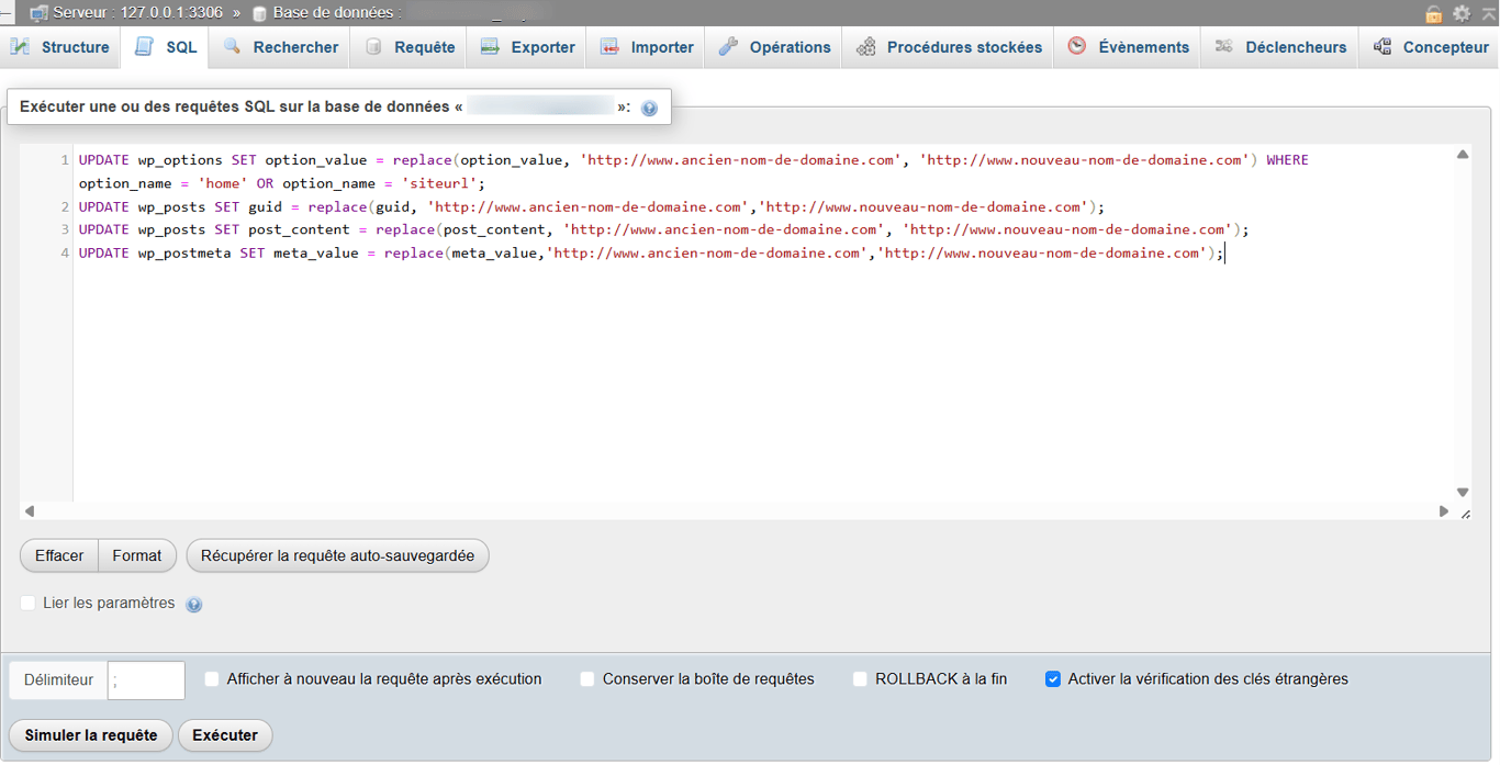 phpMyAdmin avec l'onglet SQL sélectionné pour exécuter des requêtes personnalisées dans la base de données