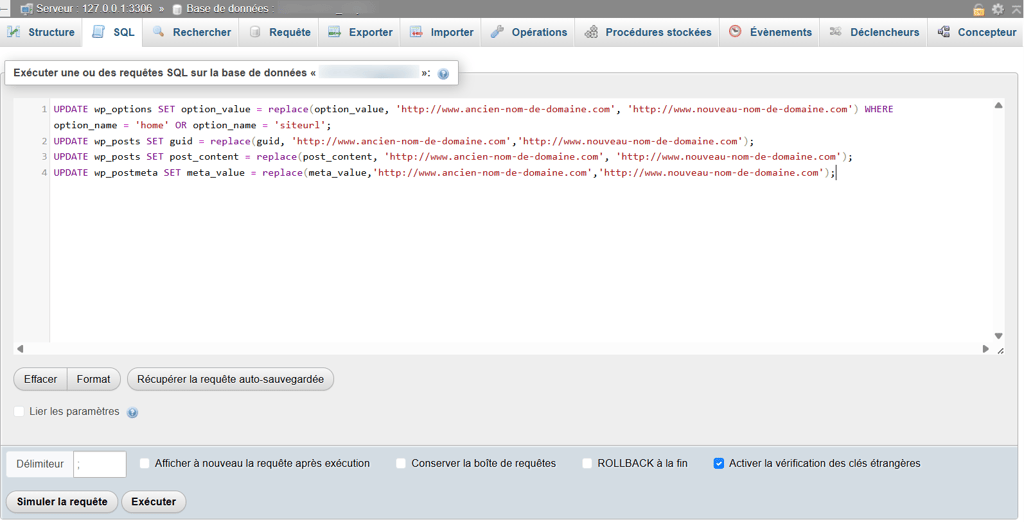 phpMyAdmin avec l'onglet SQL s&eacute;lectionn&eacute; pour ex&eacute;cuter des requ&ecirc;tes personnalis&eacute;es dans la base de donn&eacute;es