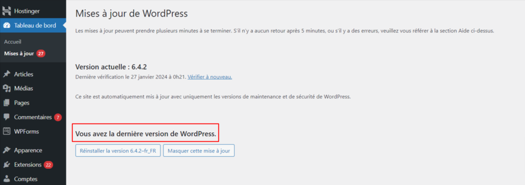 Le message "Vous avez la dernière version de WordPress" sur le tableau de bord de WordPress