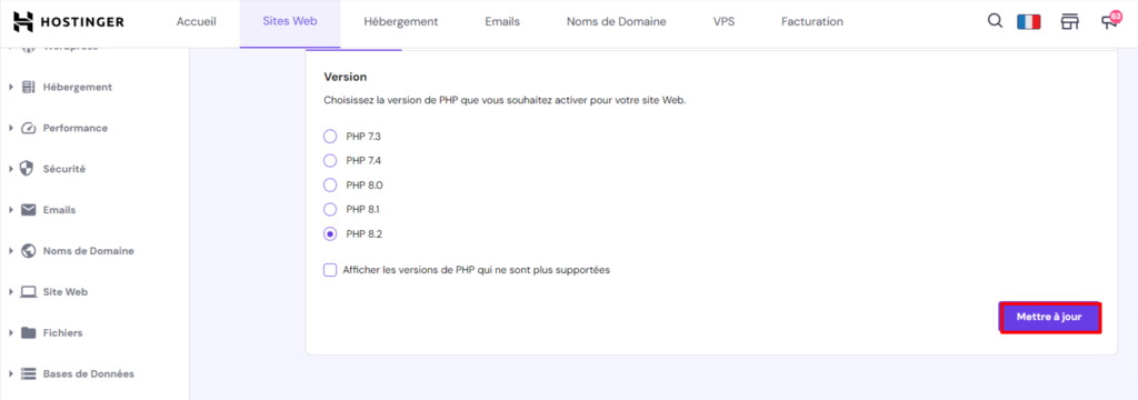 mettre-a-jour-version-php Le bouton " Mettre à jour " dans l'onglet de Version PHP de hPanel