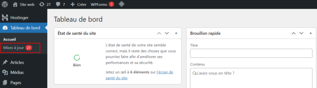 onglet-mises-à-jour-wordpress Le bouton Mises à jour dans la barre latérale du tableau de bord de WordPress