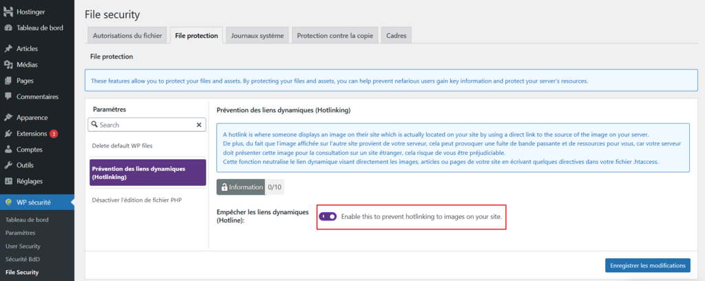 Tableau de bord WP Security, mettant en évidence la prévention de hotlinking vers les images