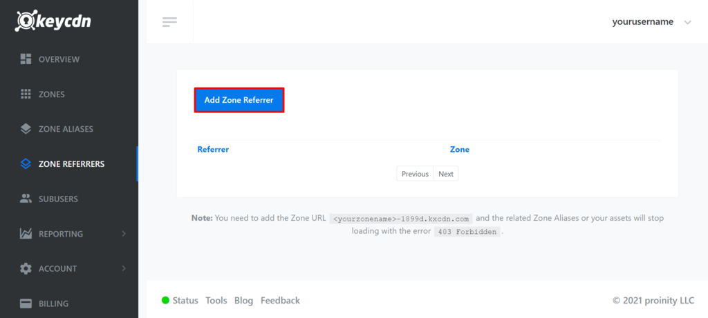 KeyCDN, mettant en avant l'option Ajouter le référent de la zone