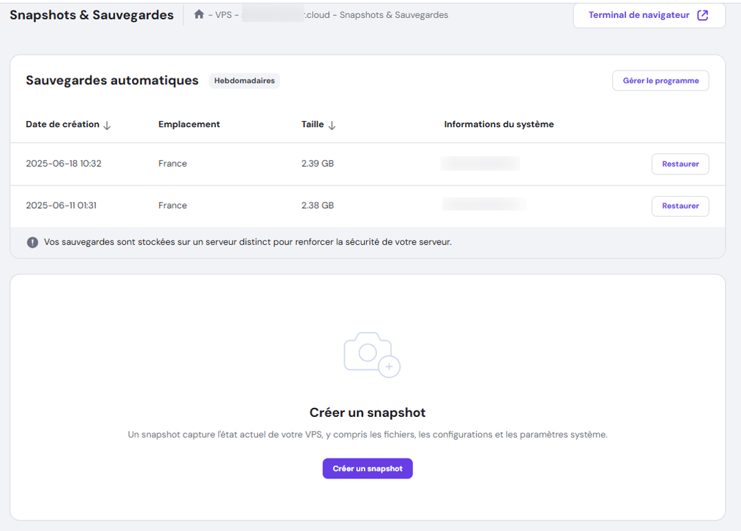 Le menu Snapshots & Sauvegardes dans le hPanel de Hostinger