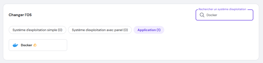 Le template Docker dans la page Syst&egrave;me d'exploitation VPS de hPanel