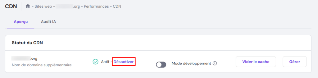 Le bouton D&eacute;sactiver dans le menu CDN de hPanel