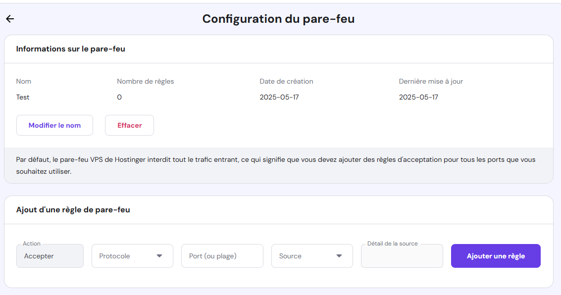 Le processus de création d'une nouvelle règle de pare-feu sur hPanel
