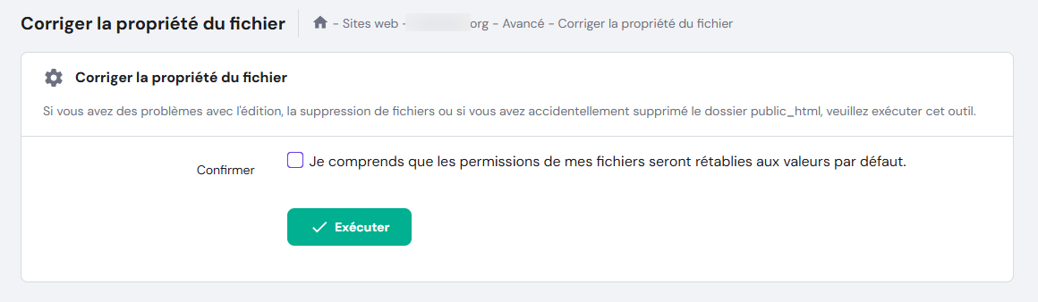 Le menu corriger la propriété du fichier dans hPanel