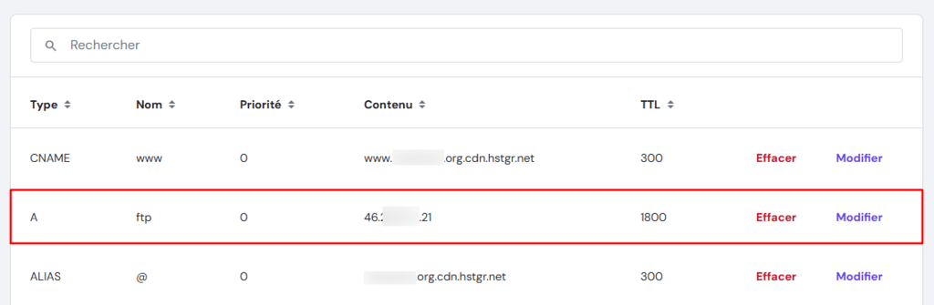 Un enregistrement A dans hPanel