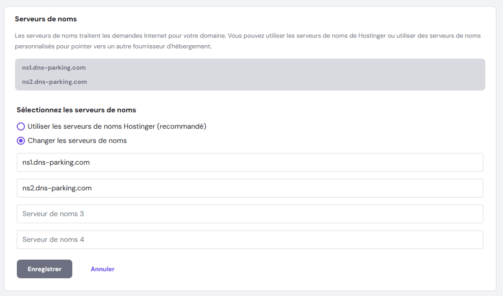 Les options &laquo; S&eacute;lectionner les serveurs de noms &raquo; dans hPanel