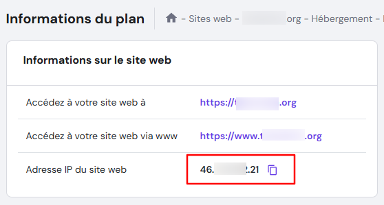 Les informations relatives à l'adresse IP du site web dans hPanel