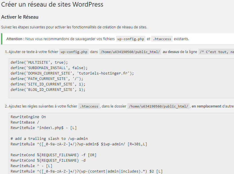 code &agrave; ajouter aux fichiers wp-config.php&nbsp;et&nbsp;.htaccess pour activer le r&eacute;seau