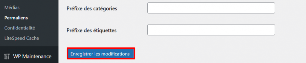 La section Permaliens WordPress met en évidence le bouton Enregistrer les modifications.