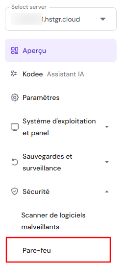 Bouton Pare-feu sur le menu VPS de hPanel