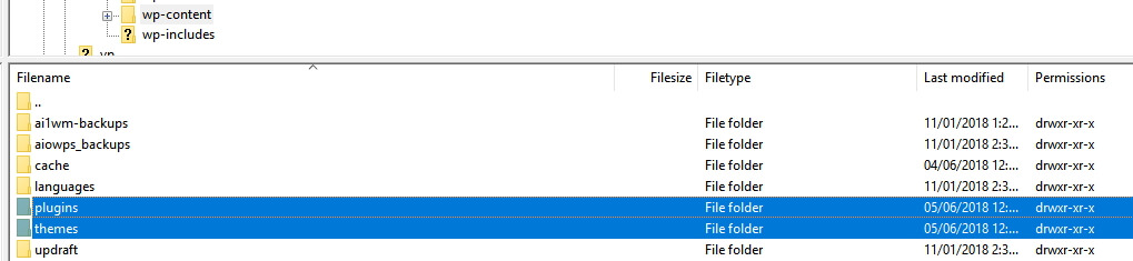dossiers themes et plugins sur ftp