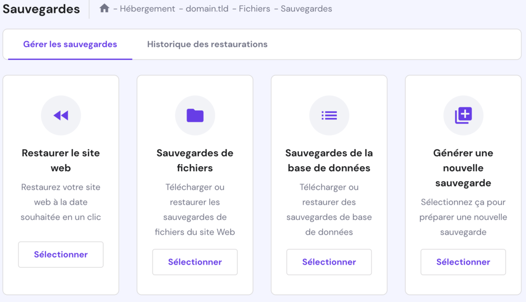 La page Sauvegardes sur hPanel