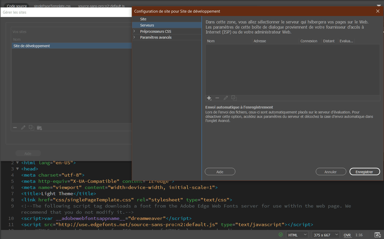 Fenêtre de configuration de site