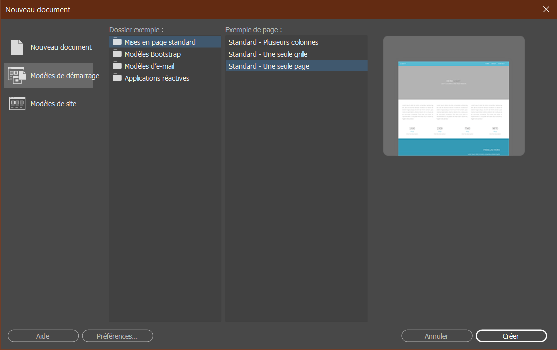 Modèle de démarrage de page