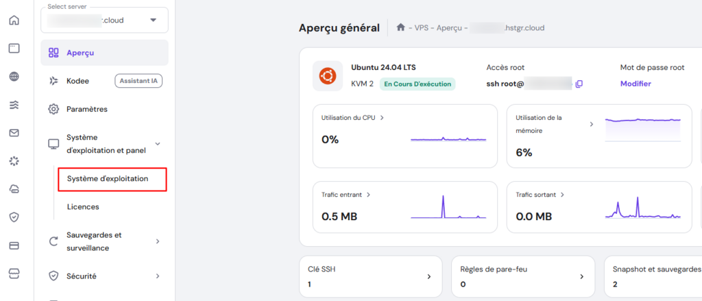 Le menu de configuration du système d'exploitation VPS dans hPanel