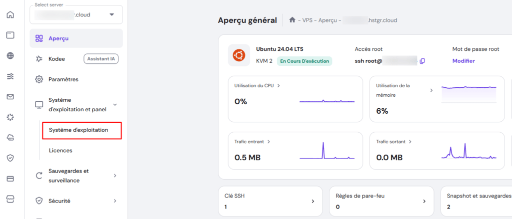 Le menu de configuration du système d'exploitation VPS dans hPanel