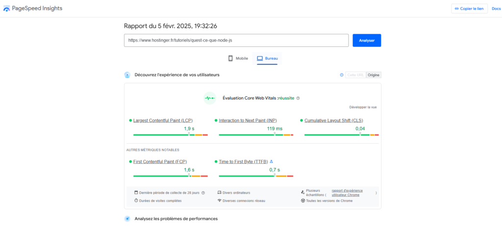 Un exemple de test de performance d'un site web réalisé avec Google PageSpeed Insights. 