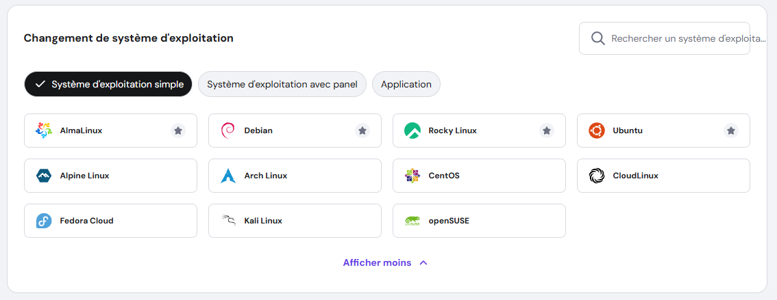 Systèmes d'exploitation simples dans hPanel
