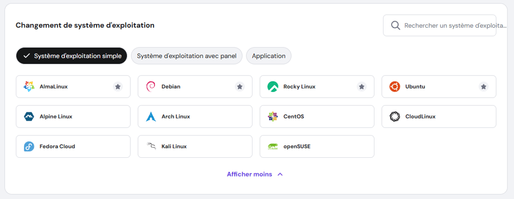 Systèmes d'exploitation simples dans hPanel