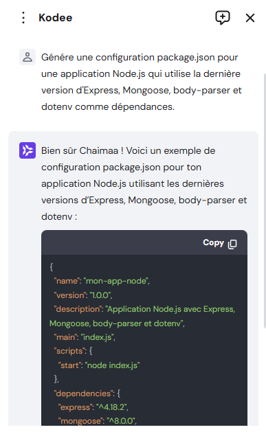 Kodee génère une configuration JSON spécifiant les dépendances du projet.