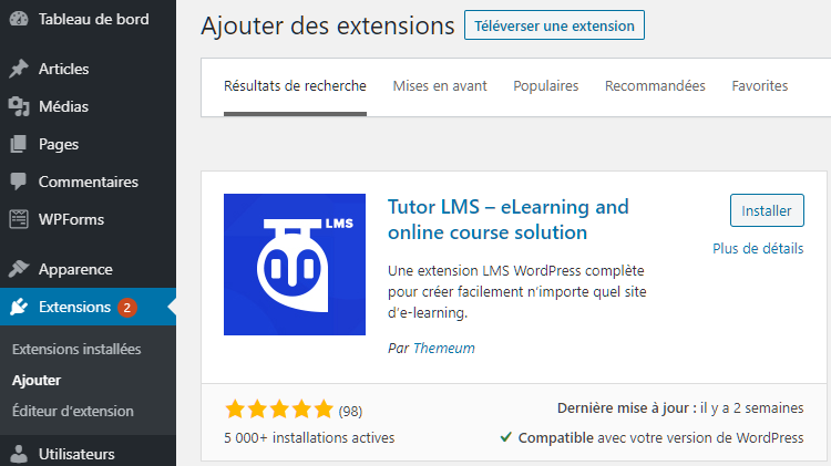 Ajout du plugin Tutor LMS &agrave; WordPress