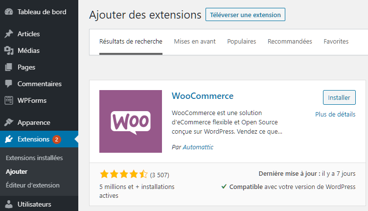 Ajout du plugin WooCommerce &agrave; WordPress