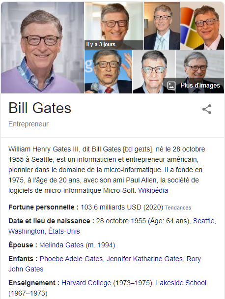 Le profil de Bill Gates fourni avec le balisage sch&eacute;ma des personnes