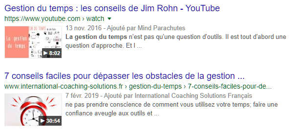 SERP avec balisage du sch&eacute;ma vid&eacute;o en action