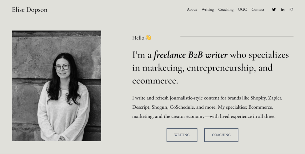 Page d'accueil du site d'Ellie Dopson