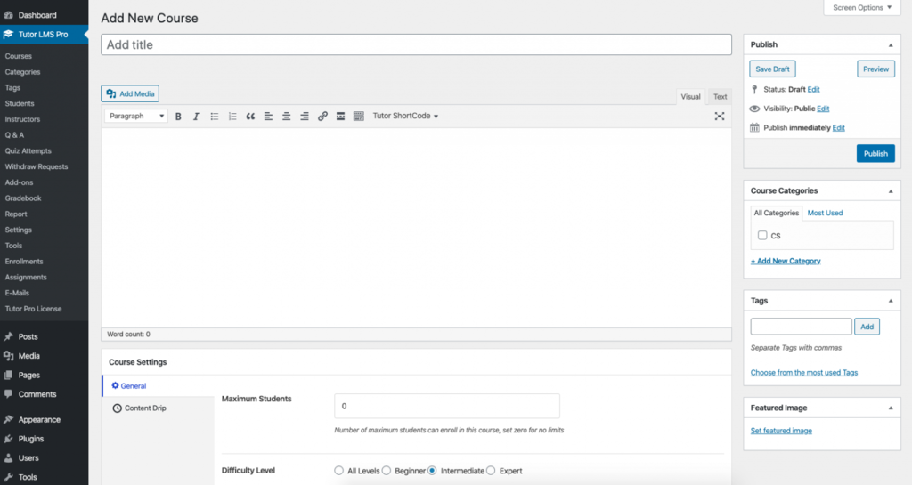 Cr&eacute;ation d'un nouveau cours en back-end avec Tutor LMS Pro