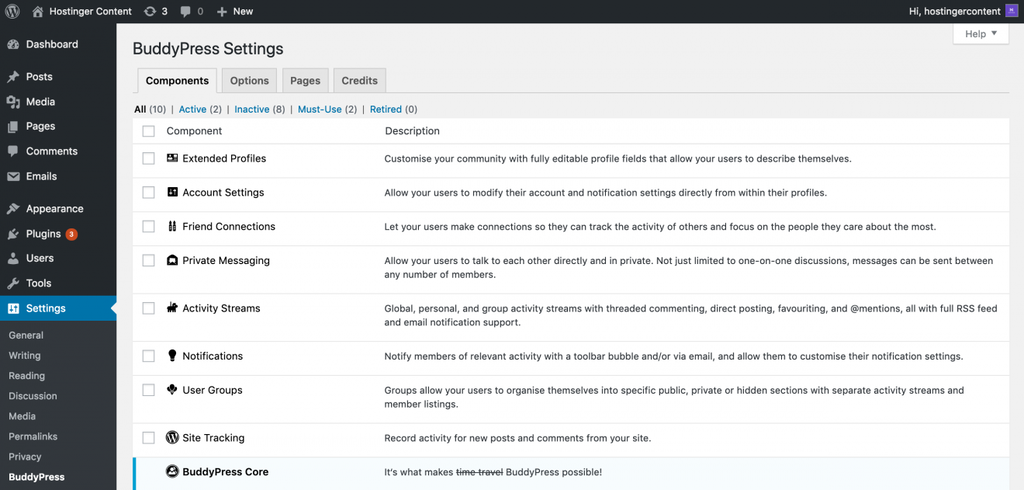 Page des r&eacute;glages de BuddyPress